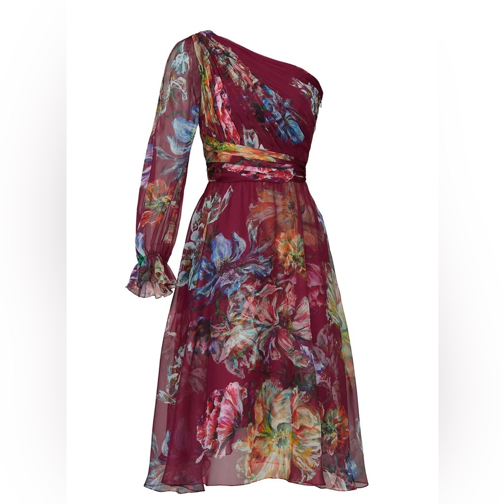 Marchesa Notte | One Shoulder Floral Dress in Burgundy